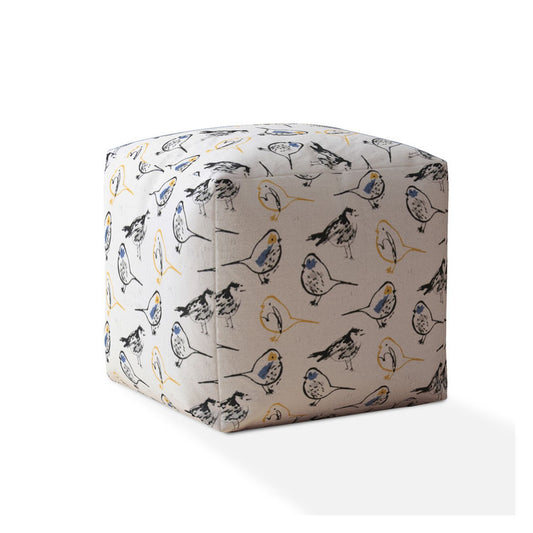 17" Yellow and White Canvas Birds Pouf Ottoman