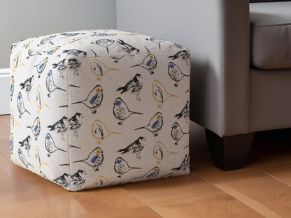 17" Yellow and White Canvas Birds Pouf Ottoman