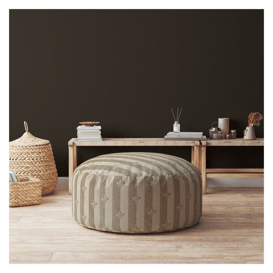 24" Taupe Cotton Round Floral Pouf Ottoman