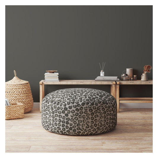 24" Beige Cotton Round Floral Pouf Ottoman