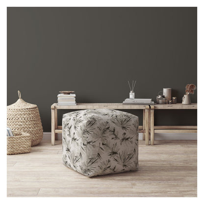 Pouf ottoman en coton beige à motifs floraux de 17 po