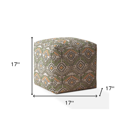 17" Orange Cotton Damask Pouf Ottoman