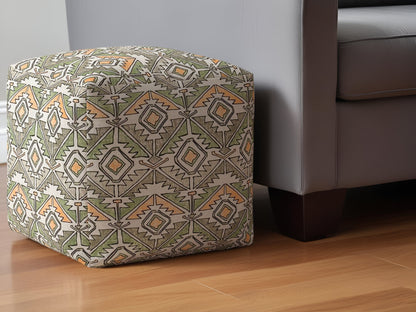 17" Orange Cotton Damask Pouf Ottoman