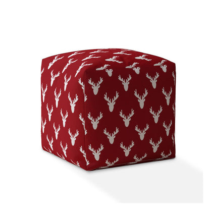 17" Red and White Cotton Stag Pouf Ottoman