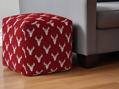 17" Red and White Cotton Stag Pouf Ottoman