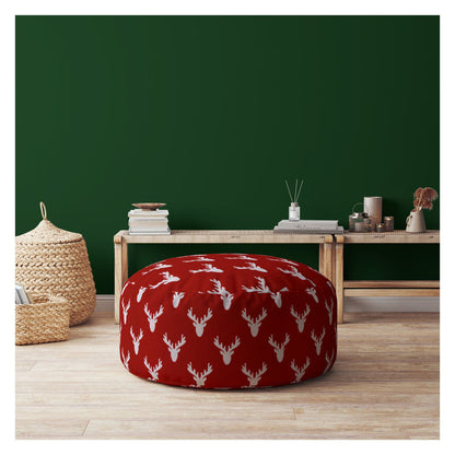 Pouf rond en coton rouge et blanc de 24 po en forme de cerf