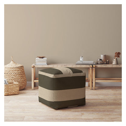 Pouf ottoman rayé en coton vert de 17 po