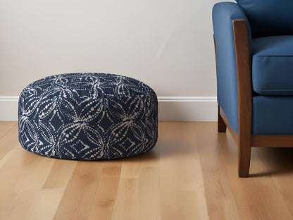 24" Blue and White Canvas Round Damask Pouf Ottoman