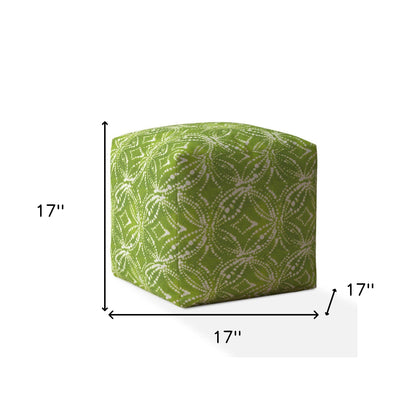 17" Green and White Cotton Damask Pouf Ottoman