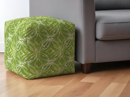 17" Green and White Cotton Damask Pouf Ottoman