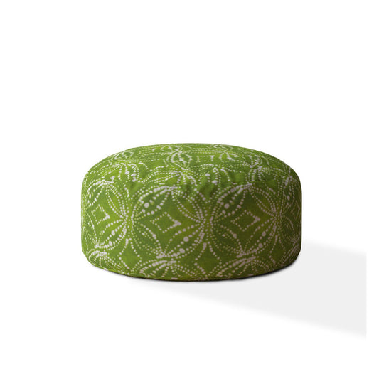 24" Green and White Cotton Round Damask Pouf Ottoman