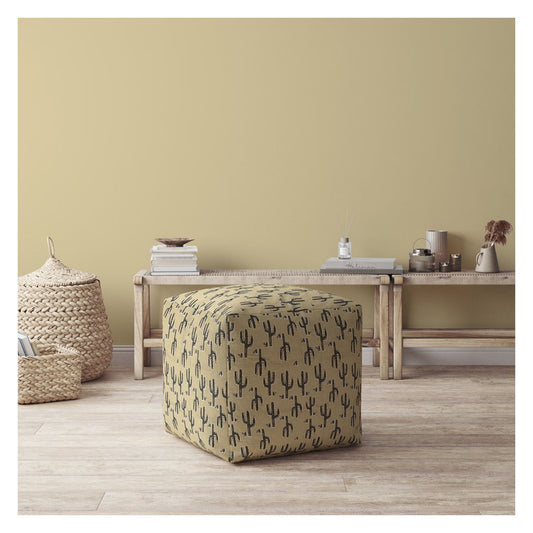 17" Beige Cotton Floral Pouf Ottoman