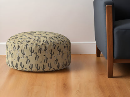 24" Beige Cotton Round Floral Pouf Ottoman