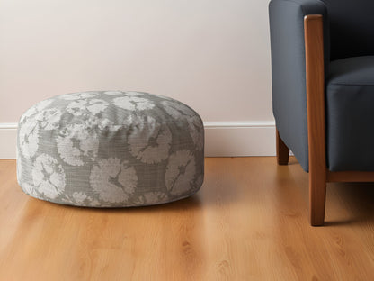 24" Gray Canvas Round Floral Pouf Ottoman