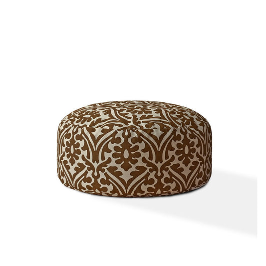 24" Brown Cotton Round Damask Pouf Ottoman