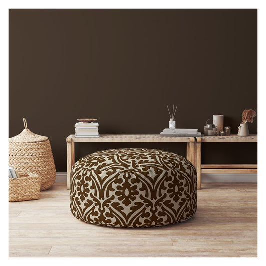 24" Brown Cotton Round Damask Pouf Ottoman