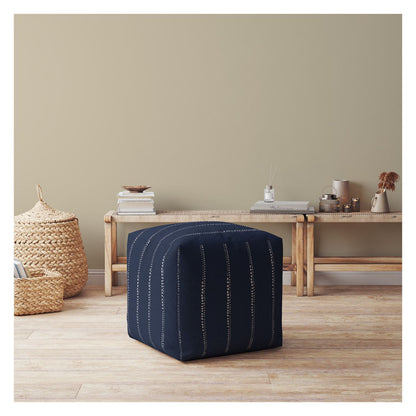 Housse de pouf rayée en coton bleu 17"