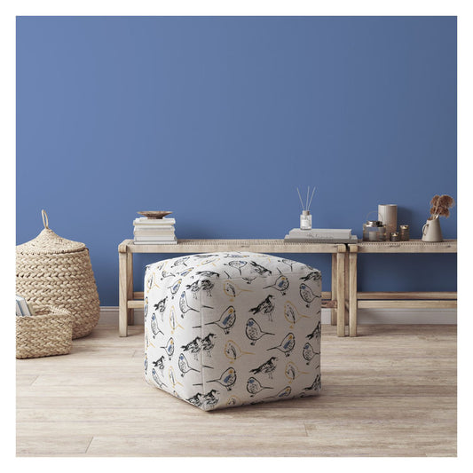 Housse de pouf en toile jaune et blanche à motifs d'oiseaux de 17 po