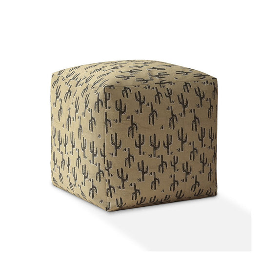 Housse de pouf en coton beige à motif cactus de 17 po