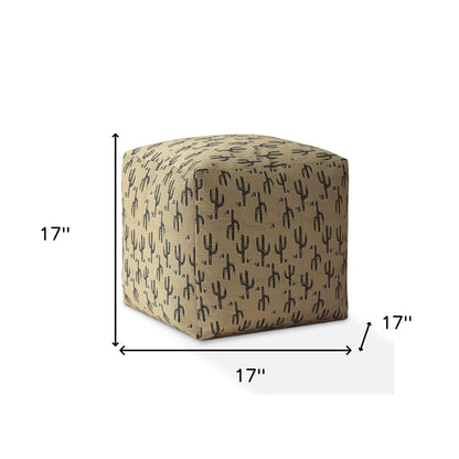 Housse de pouf en coton beige à motif cactus de 17 po