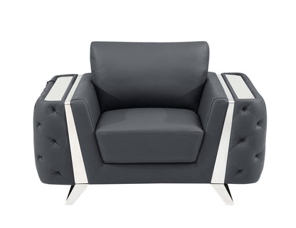 Fauteuil capitonné en similicuir gris foncé et argent de 50 po