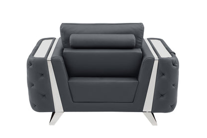 Fauteuil capitonné en similicuir gris foncé et argent de 50 po