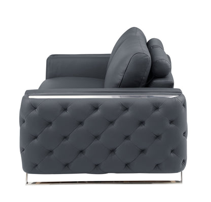 Fauteuil capitonné en similicuir gris foncé et argent de 50 po