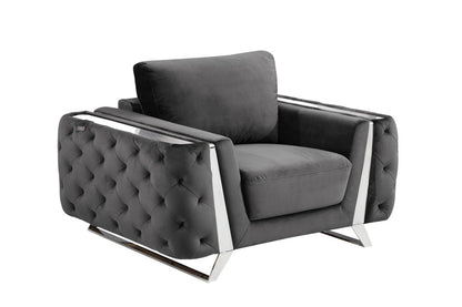 Fauteuil capitonné en velours gris foncé et argent de 50 po