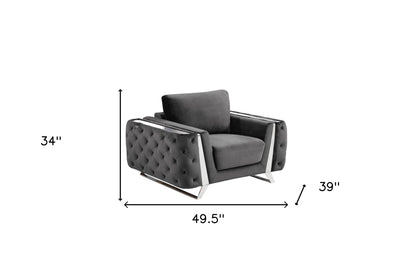 Fauteuil capitonné en velours gris foncé et argent de 50 po