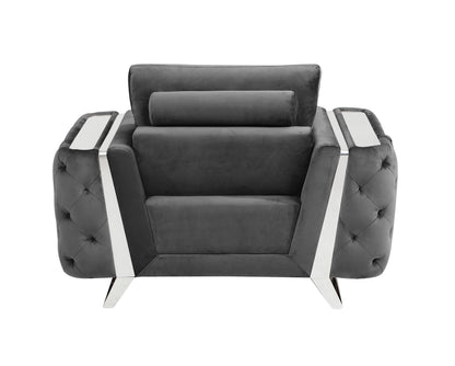 Fauteuil capitonné en velours gris foncé et argent de 50 po