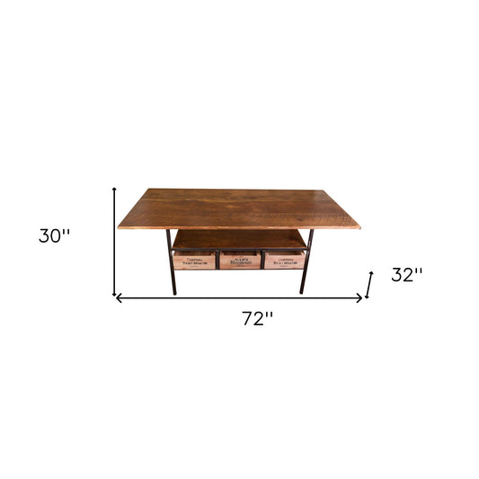 72" Brown And Black Solid Wood And Steel Dining Table