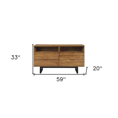 Commode double à quatre tiroirs en bois massif brun de 59 po