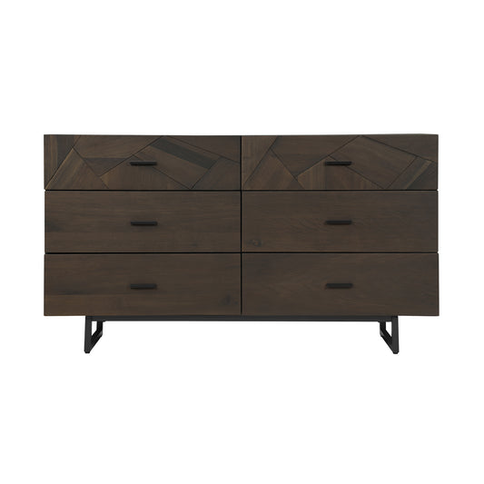 Commode double à six tiroirs en bois massif brun foncé de 60 po