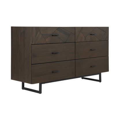 Commode double à six tiroirs en bois massif brun foncé de 60 po