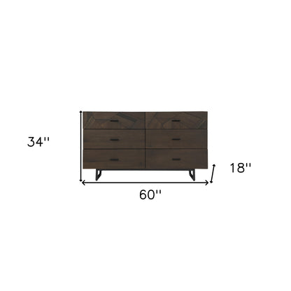 Commode double à six tiroirs en bois massif brun foncé de 60 po