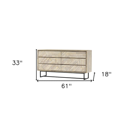 Commode double à six tiroirs en bois massif naturel de 61 po