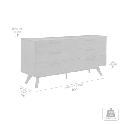 Commode double à six tiroirs en bois massif brun foncé de 63 po