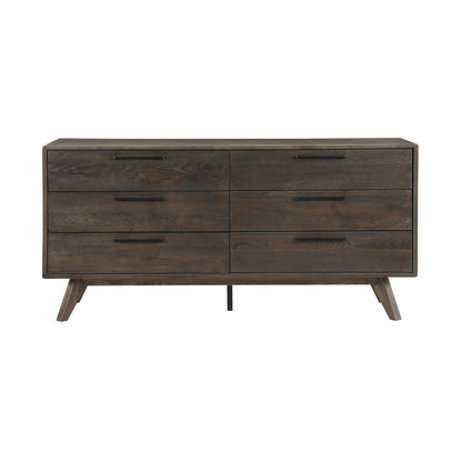 Commode double à six tiroirs en bois massif brun foncé de 63 po