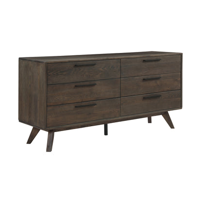 Commode double à six tiroirs en bois massif brun foncé de 63 po