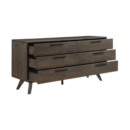 Commode double à six tiroirs en bois massif brun foncé de 63 po