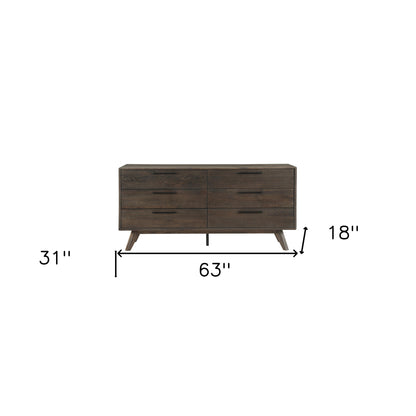 Commode double à six tiroirs en bois massif brun foncé de 63 po