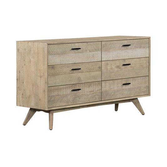 Commode double à six tiroirs en bois massif brun de 63 po