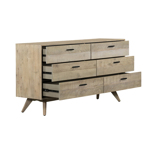 Commode double à six tiroirs en bois massif brun de 63 po