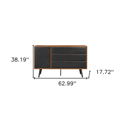 Commode double à trois tiroirs en bois massif brun et noir de 63 po