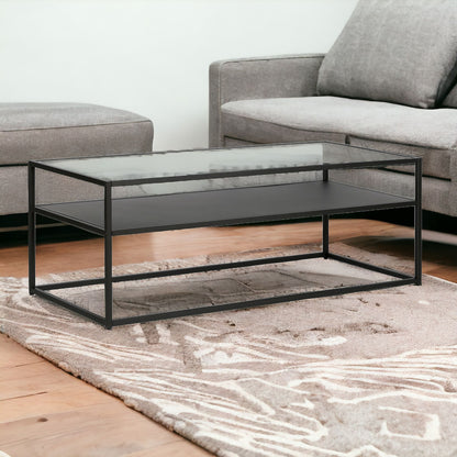 Table basse en verre noir et acier de 46 po avec étagère