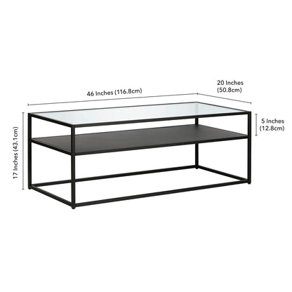 Table basse en verre noir et acier de 46 po avec étagère