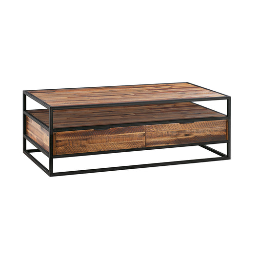 Table basse en bois massif et métal marron et noir de 50 po avec deux tiroirs et une étagère