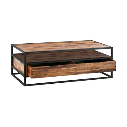 Table basse en bois massif et métal marron et noir de 50 po avec deux tiroirs et une étagère