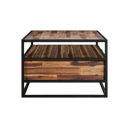 Table basse en bois massif et métal marron et noir de 50 po avec deux tiroirs et une étagère