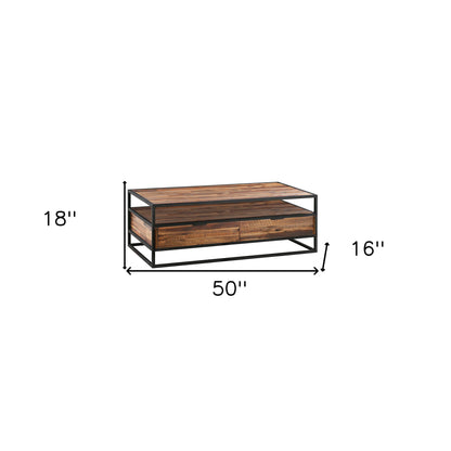 Table basse en bois massif et métal marron et noir de 50 po avec deux tiroirs et une étagère